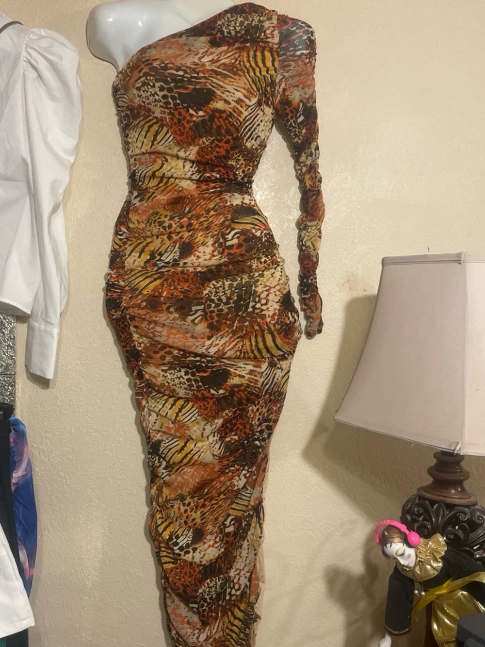 One-Shoulder Animal Print Dress in Brown & Tan